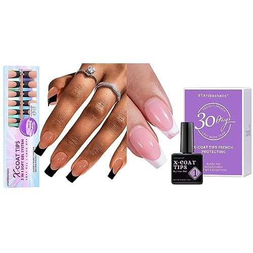 btartboxnails French Nails Black - Builder Gel, Square Nail Tips, 150Pcs Soft Gel Tips