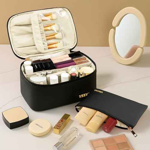Travel Makeup Bag Toiletry Bag Waterproof Large Capacity Cosmetic Bags for Women Portable Make up Organizer Pouch With Divider Vegan Leather 2PCS Gifts for Mother Girls Black