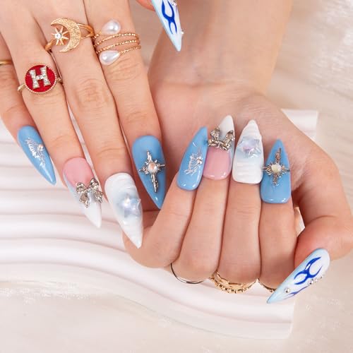 LOVFUL Press on Nails FROZEN | Handmade with Full Covered Crystals | Reusable Full Cover Nails | Stiletto Classic Regular 1.3 in | H319-M
