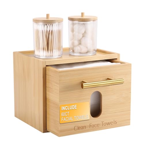Disposable Face Towel Holder Bamboo Storage Box with 60 XL Towels, Cotton Balls Holders, Facial Towels Container Box with Drawer, Towel XL Organizer for Bathroom, Makeup Remover Dry Wipes Washcloths