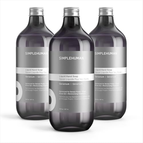simplehuman Geranium Liquid Hand Soap Refill 3-Pack, 30 fl oz Each, Floral Rose Scent, Moisturizing Vitamin E, for Sensor Pump