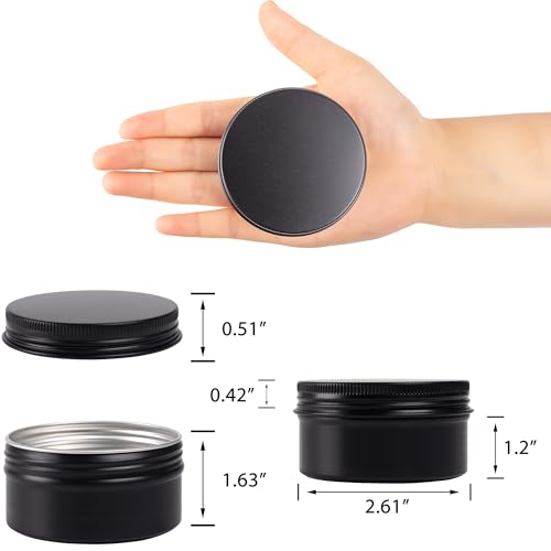 24 Pack 3oz Screw Top Aluminum Tin Jars with Screw Lids and Blank Labels - Refillable 90ml Metal Containers for Lip Balms, Candles, Salves, Spices, Crafts (Black)