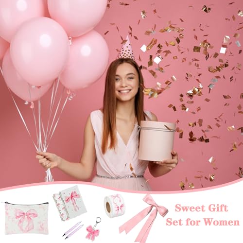 Coquette Pink Bow Stuff Gift Set with Bow Cup, Preppy Makeup Bag, Bow Notebook, Keychain Accessories Bow Themed Presents for Girls Women
