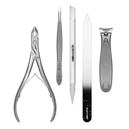 GERMANIKURE 5pc Manicure Set in Leather Case - FINOX Stainless steel tools handmade in Solingen Germany ? Professional Nail and Cuticle Care Travel Implements
