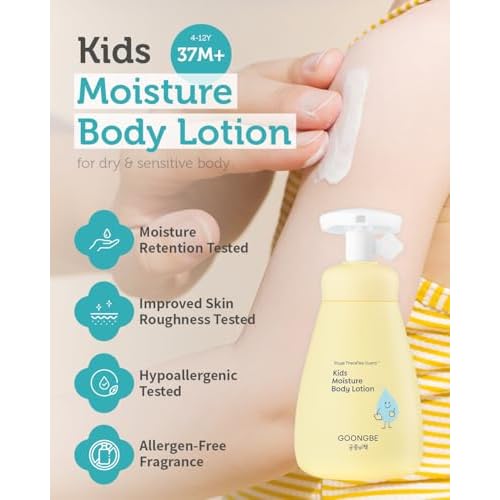 GOONGBE Kids' Moisture Body Lotion - Korean Kids Daily Body Moisturizer - Long Lasting 24hr Hydrating Cream Type Lotion with Cica and Squalane - Allergen Free Scent, 2.7 fl.oz. 2 Pack