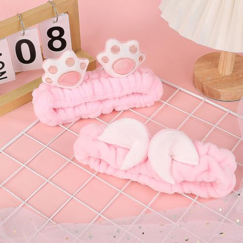 NENMATTE Cat Ears Spa Headband Plush Cat Paw Makeup Headband for Women Girl,Fluffy Wash Face Hair Bands Cartoon Cute Headbands 2 Pcs Microfiber Soft Coral Fleece Skincare Hair Bands…