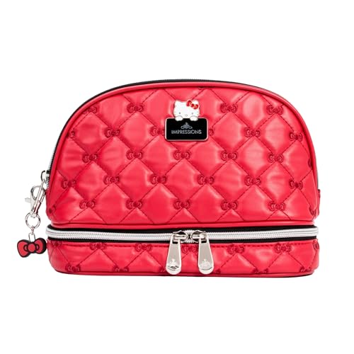 Impressions Vanity Hello Kitty Quilted Arch Travel Makeup Bag Organizer, Hello Kitty Bows Embroidered with Enamel Logo Plate, Bottom Zipper Cosmetic Bag, Black Polyester Lined Interior, Inner Pocket