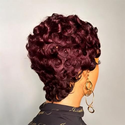 FREEKWEEN Short Pixie Cut Wig 99J Burgundy Human Hair with Bangs for Black Women