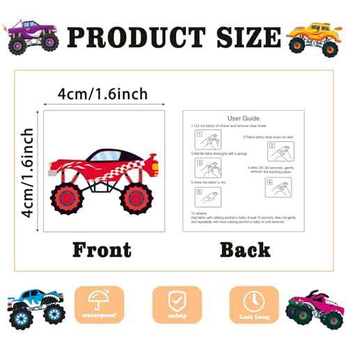 104 PCS Monster Truck Temporary Tattoos for Kids Party Supplies, Individually Wrapped Monster Truck Fake Tattoos Temp Tattoo Stickers for Boys Girls Birthday Party Favors Decorations Activities