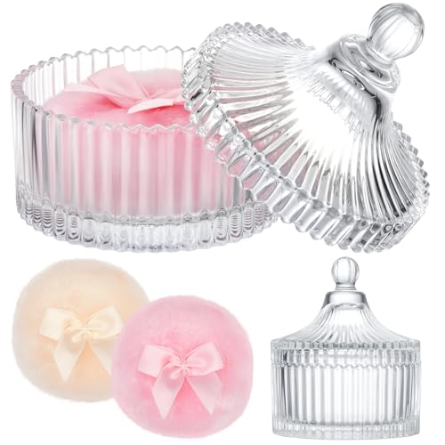 Powder Puff Set with Crystal Glass Container, 2 Soft Velour Puffs