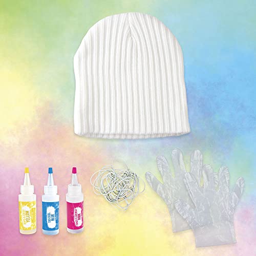 Fashion Angels Tie Dye Knit Hat Kit - 1 One-Size-Fits-Most Knit Cap, 3 Colors of Pre-Measured Dye (Pink, Yellow, Blue), Rubber Bands, Latex Free Gloves - Easy to Do, Mess Free Fun - Ages 8 and Up