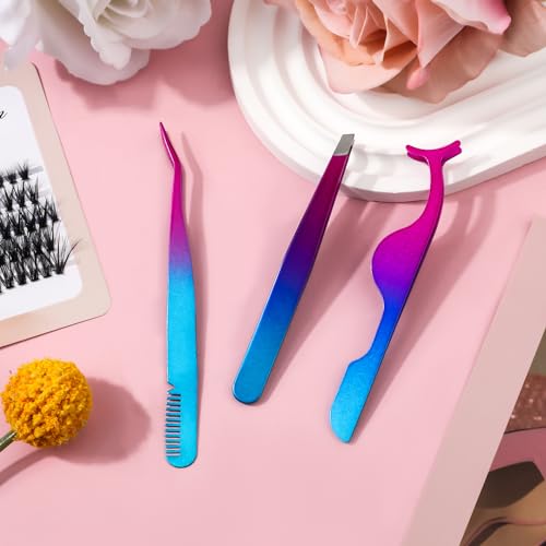 3pcs Eyelash Tweezers, 3 Styles Lash Tweezers with Comb Stainless Steel False Lash Application Tool Eyebrow Tweezers Makeup Tool for Cluster Individual Lash (Purple Blue Gradient)
