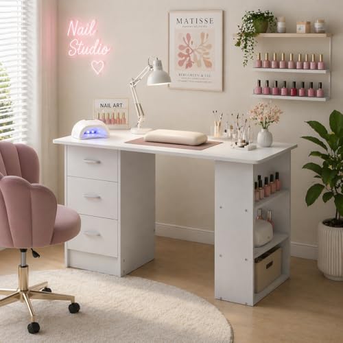 Nail Desk with Drawers & Shelves - White Manicure Table