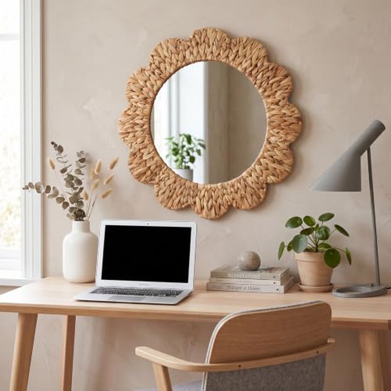 24 Inch Boho Wall Mirror Handwoven Water Hyacinth Scalloped