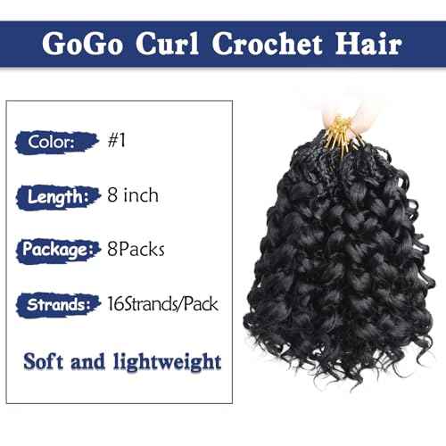 GoGo Curl Crochet Hair,8inch Pre Looped Water Wave Beach Curl Ocean Wave Crochet Braiding Hair,8pcs Box Braids Short Curly Crochet Hair for Black Women (8inch,#1B)