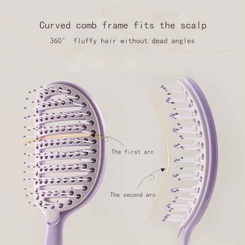 Self Cleaning Hair Brush with Lift Pad, ABS Vent Brush for Blow Drying, Dual Curve Design with Extra Long & Thick Bristles, Wet Hair Brush for Women, Girls & Kids£¨Purple£©