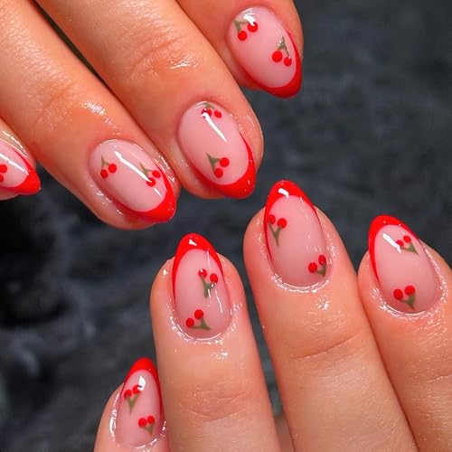 ROFIBUT Red French Tip Press-On Nails - Short Almond Full Cover