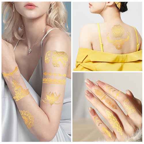 Konsait 9 Sheets Metallic Tattoos, Elaborate Floral Elephant Patterns Metallic Temporary Tattoos for Women Girls, Gold Tattoos for Parties Makeup Cosplay Festival Accessories