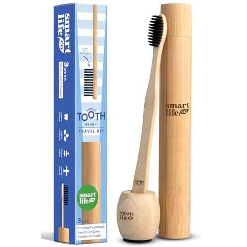 Bamboo Charcoal Toothbrush with Travel Case & Holder Kit - Extra Soft Natural Bristles for Sensitive Teeth | Eco Friendly Portable Wooden Travel Set | Single Wood Toothbrushes Stand & Cover