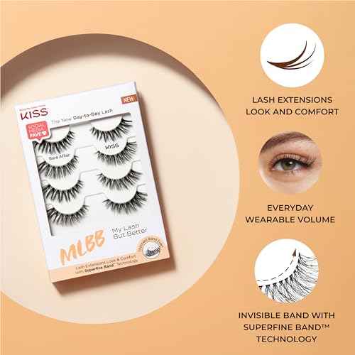 KISS My Lash But Better False Eyelashes Multipack, 'Bare Affair', 12mm, Superfine Band Technology, Easy to Apply, Reusable, Lightweight, Voluminous, Comfortable, Includes 4 Pairs Of Strip Lashes