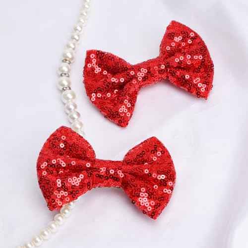 KISZU 4 Inch Sequin Glitter Hair Bows Clips, Sparkling Bling Little Bow HairPins Hair Accessories for Baby Girls Kids Children Teens and Women (Red)