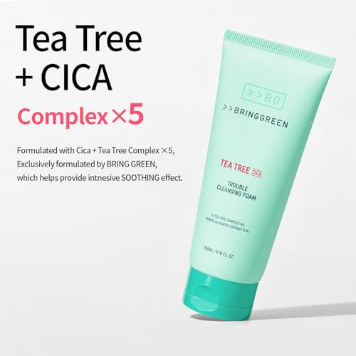 BRING GREEN Tea Tree Cica Trouble Cleansing Foam | Mild Cleanser for Exfoliation, Removes Blackheads, Whiteheads, Facial Residue, for Trouble, Irritated, Sensitive Skin (10.1 Fl. Oz., 300ml)