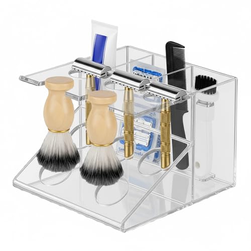 Shaving Brush Stand and Razor Holder, Safety Razor Stand for Men with Smooth Scratch-Resistant Surface - Multi-Function Storage Solution to Prolong Your Brush Life - Fits Most Razors and Brushes