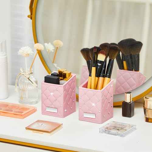 ReliThick 2 Pcs Pink Makeup Brush Holder Crystal Bling Brushes Cup PU Leather Waterproof Glitter Makeup Holder for Women Travel Cosmetic Storage Organizer Dresser Vanity Accessories