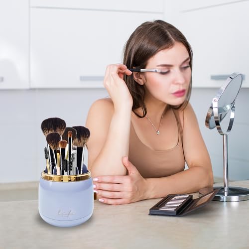 Makeup Brush Holder, 360 Rotating Makeup Brush Organizer with Lid, 7 Slots Brushes Organizer for Countertop Cosmetic Display and Storage, Purple