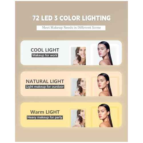 Travel Mirror with Lights Makeup Mirror Touch Screen 3 Colors Light 72 LEDs Rechargeable, 1000mHA 7.9x5.3-Inch Desk Compact Mirror White