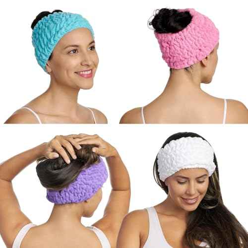 Turbie Twist 4-Pack Turbie Band for Beauty, Travel, Gifting - Microfiber Headband for Personal Care - Comfortable, Extra-Wide Spa Headband - For All Hair Types - Pink, Purple, Blue & White