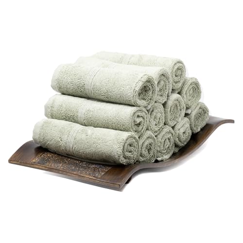 Mosobam Luxury Turkish Towels Set of 12 Washcloths 13X13 Seagrass Green 700 GSM Bamboo Viscose & Aegean Turkish Combed Cotton