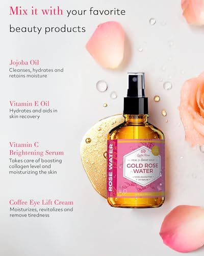 Leven Rose 24K Gold Rose Water Toner - Natural Moroccan Hydrosol for Skin, Sensitive & Anti-Aging, 4 oz