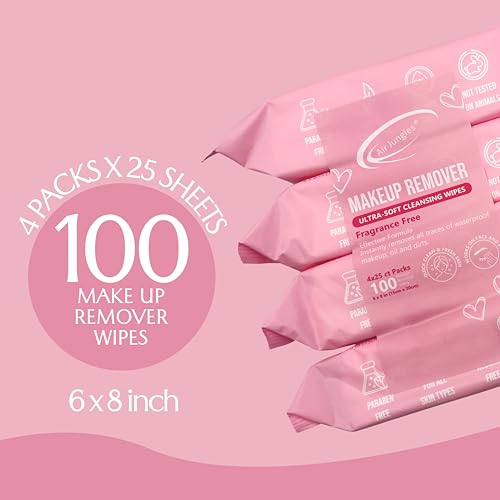 Air Jungles Makeup Remover Wipes 25 Count (Pack of 4), Alcohol-Free & Fragrance-Free, Extra Large Facial Towelettes for Face & Eyes, Removes Waterproof Makeup, Infused with Vitamin E
