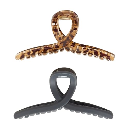 Goody SlideProof Ribbon Claw Clips - 2 Ct, Black & Tortoise Shell, Secure Grip Loop Hair Styling Accessories for Women & Men, for Thin & Fine Hair
