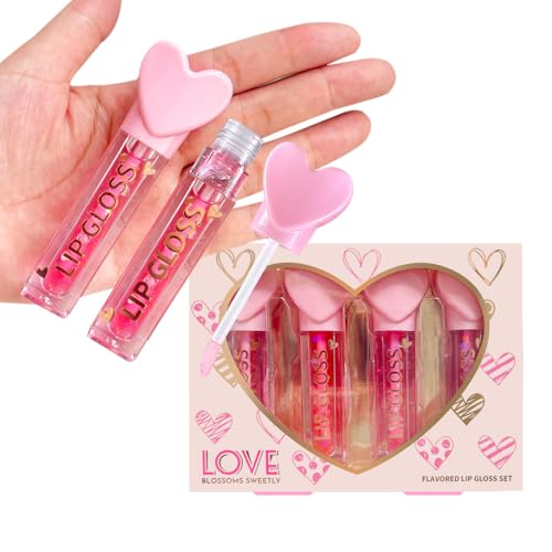 Heart Charm Lip Gloss Set for Girls - 4 Pack Fruity Flavors