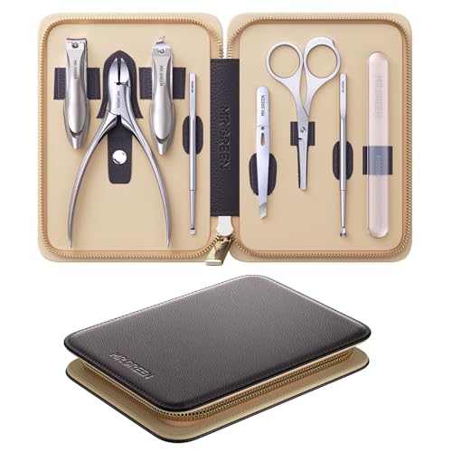 MR.GREEN 8-in-1 Manicure & Pedicure Set ? Professional German Stainless Steel Nail Clippers Grooming Kit with Splash-Proof Nail Clipper & Leather Travel Case (Chestnut Brown)