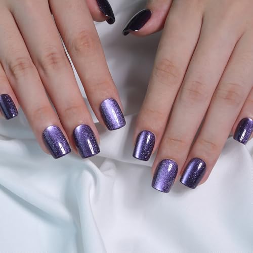 Dark Amethyst Cat Eye Press On Nails – 30pc Gel Glue-On Kit