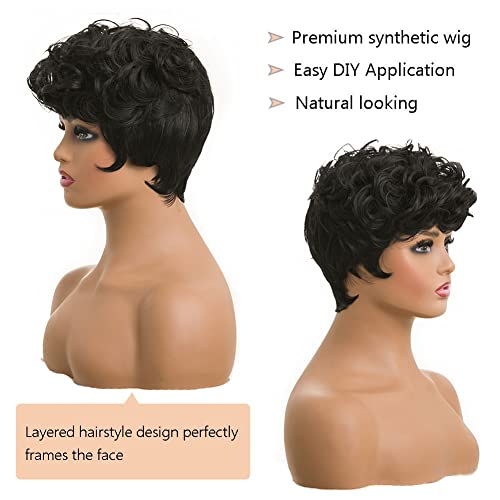 MOONSHOW Short Pixie Wig for Black Women - Curly Synthetic Hair