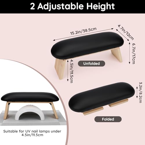 Segbeauty Folded Nail Arm Rest, Adjustable Wood Nail Hand Rest with PU Leather, Black Professional Manicure Hand Pillow for Nails Tech Must Haves Manicure Arm Table Stand Nails Salon Art Accessories
