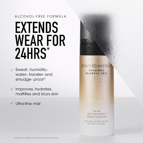 bareMinerals Original Mineral Veil Natural Matte Setting Spray, 24HR Makeup Lock & Oil Control, Alcohol-Free, Sweat & Transfer-Proof, Ultra-Fine Mist for Smooth, Matte Finish