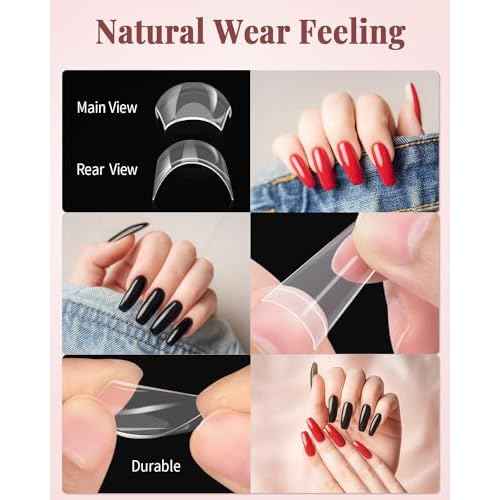 MORGLES Clear Acrylic Nail Tips, 500 Pcs French Nail Tips Square Half Cover with Glue, Clipper, Files and Cuticle Fork for Salons and Home DIY