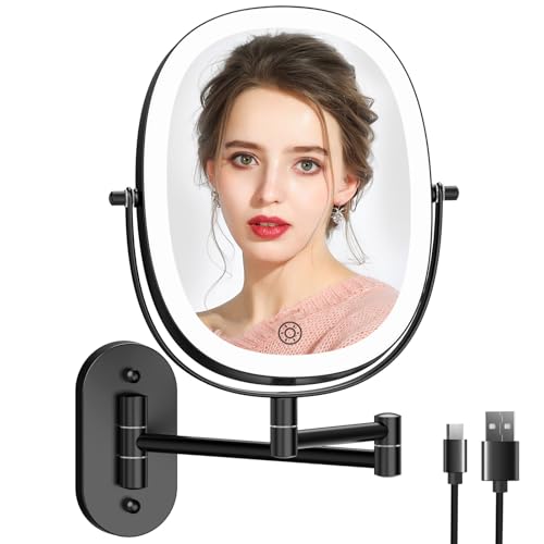 FUNTOUCH Wall Mounted Makeup Mirror with Light, Oval Rechargeable Double-Sided 7X/1X Magnifying Mirror, Vanity Mirror Dimmable 3 Color Light, 360¡Æ Extension Rotation Foldable 13.5 in
