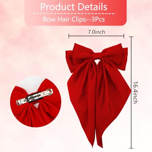 Hapdoo 3PCS Satin Bow Clips with Long Tails - Large Soft Hair Accessories for Women and Girls, 3 Colors