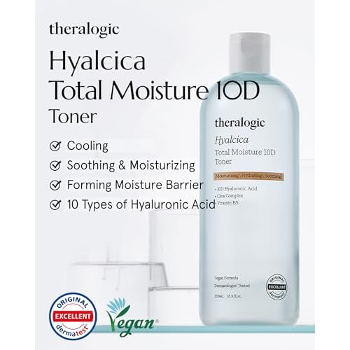 Hyalcica Total Moisture 10D Toner - Vegan Moisturizing Soothing Korean Face Toner with 10 Hyaluronic Acid and CICA - Low pH Face Toning Water - Derma Tested, 16.9 fl.oz.