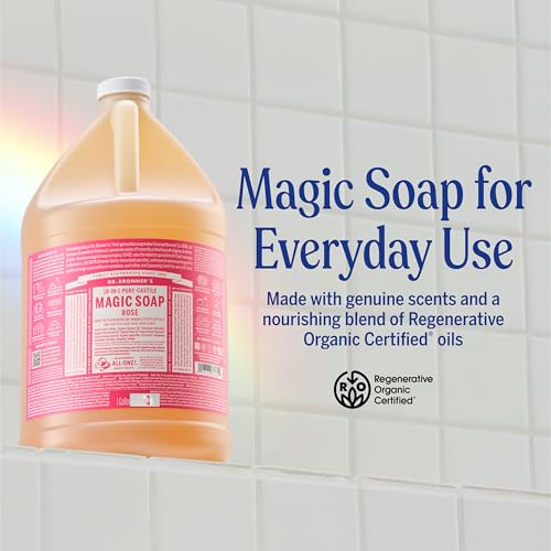 Dr. Bronner's Magic Soap Pure-Castile Liquid Soap (Rose, 1 Gallon) - Made with Organic Oils, 18-in-1 Uses: Face, Body, Hair, Laundry, Pets and Dishes, Concentrated, Vegan, Non-GMO