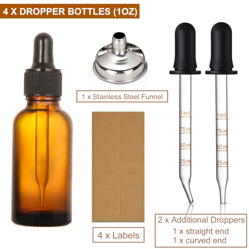 4 Pack 1oz Amber Glass Dropper Bottles - 30ml Dark Brown Tincture Bottles for Essential Oils