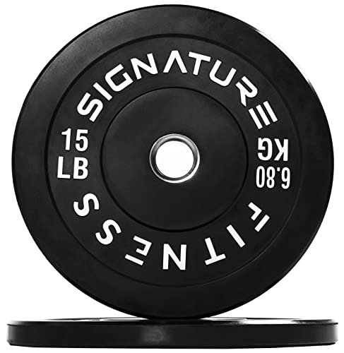 Signature Fitness 2" Olympic Bumper Plate Weight Plates with Steel Hub, 15LB, Pair