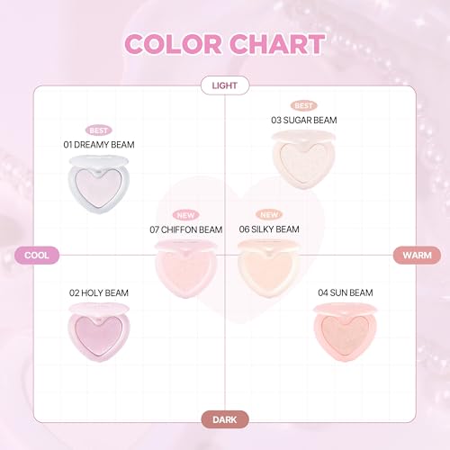 lilybyred Luv Beam Glow Veil | Korean Heart-Shaped Highlighter, Illuminating Shimmer, Radiant Glow, Silky Powder Texture, Buildable & Blendable, Lightweight & Long-Lasting, 0.11 oz. (03 Sugar Beam)
