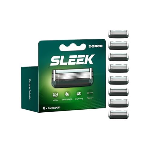 DORCO SLEEK Six Blade Razor System with Multi-Flex Technology Refill Set, Precision Shaving Razor Replacement Cartridge (8 Pack)